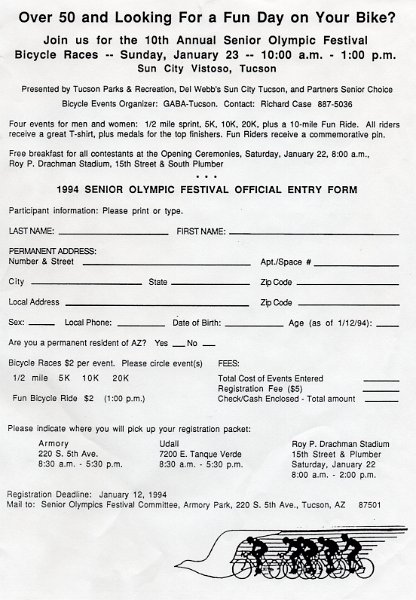 Ride - Jan 1994 - Senior Olympic Festival - Entry Form